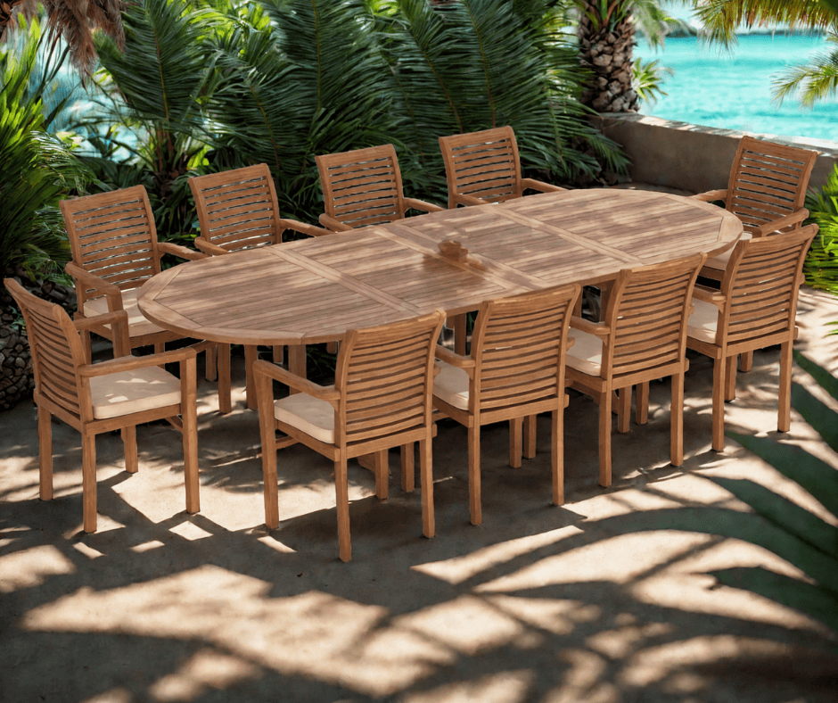 Grand Teak Estate 200-300cm Extending Oval Dining Set with 10 Oxford Chairs - plant pots uk