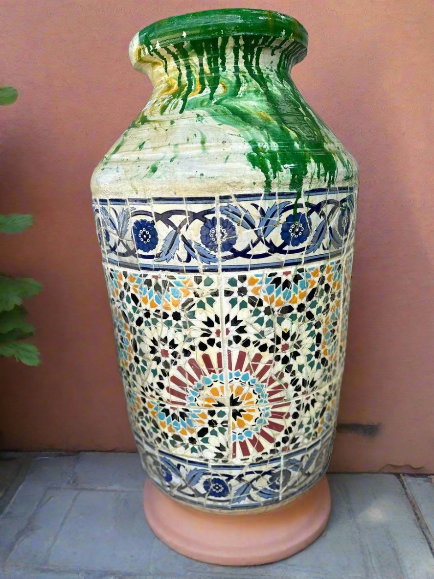 large mosiac urn on a UK patio