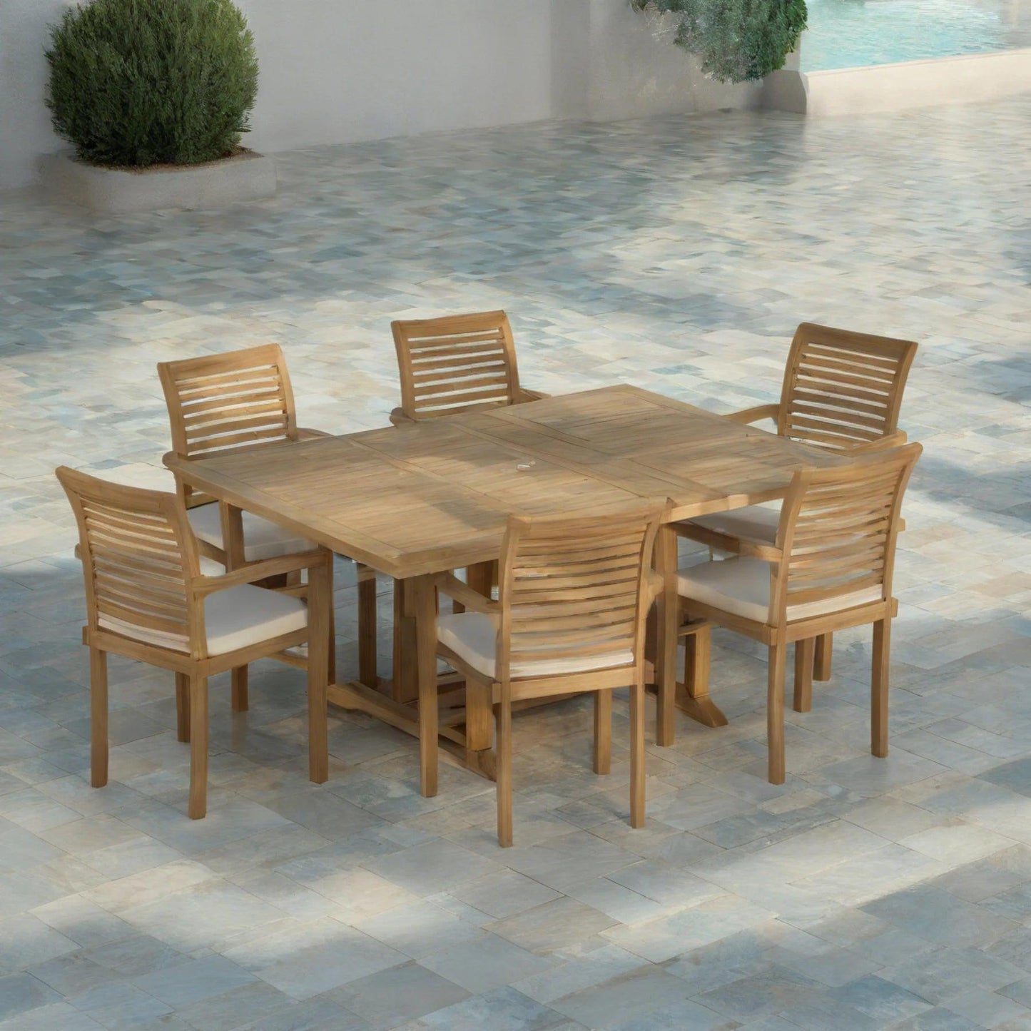 Regency Teak Double-Extended Squar To Rectangle Dining Set 120-170cm with 6 Oxford Chairs and Cushions - plant pots uk