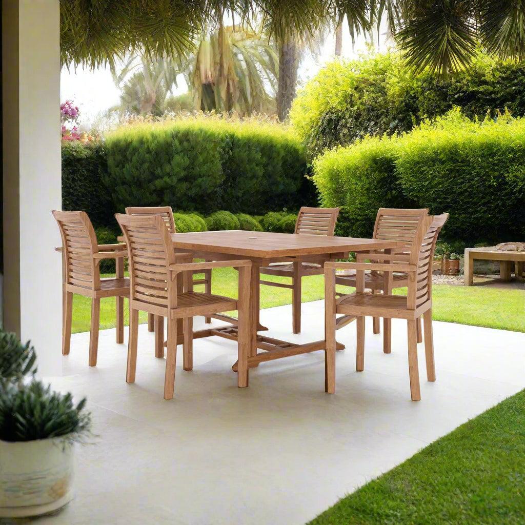 Regency Teak Double-Extended Squar To Rectangle Dining Set 120-170cm with 6 Oxford Chairs and Cushions - plant pots uk