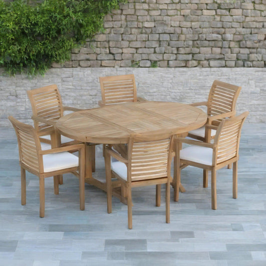 Regency Teak Double-Extended Rount to oval Dining Set 120-170cm with 6 Oxford Chairs and Cushions - plant pots uk