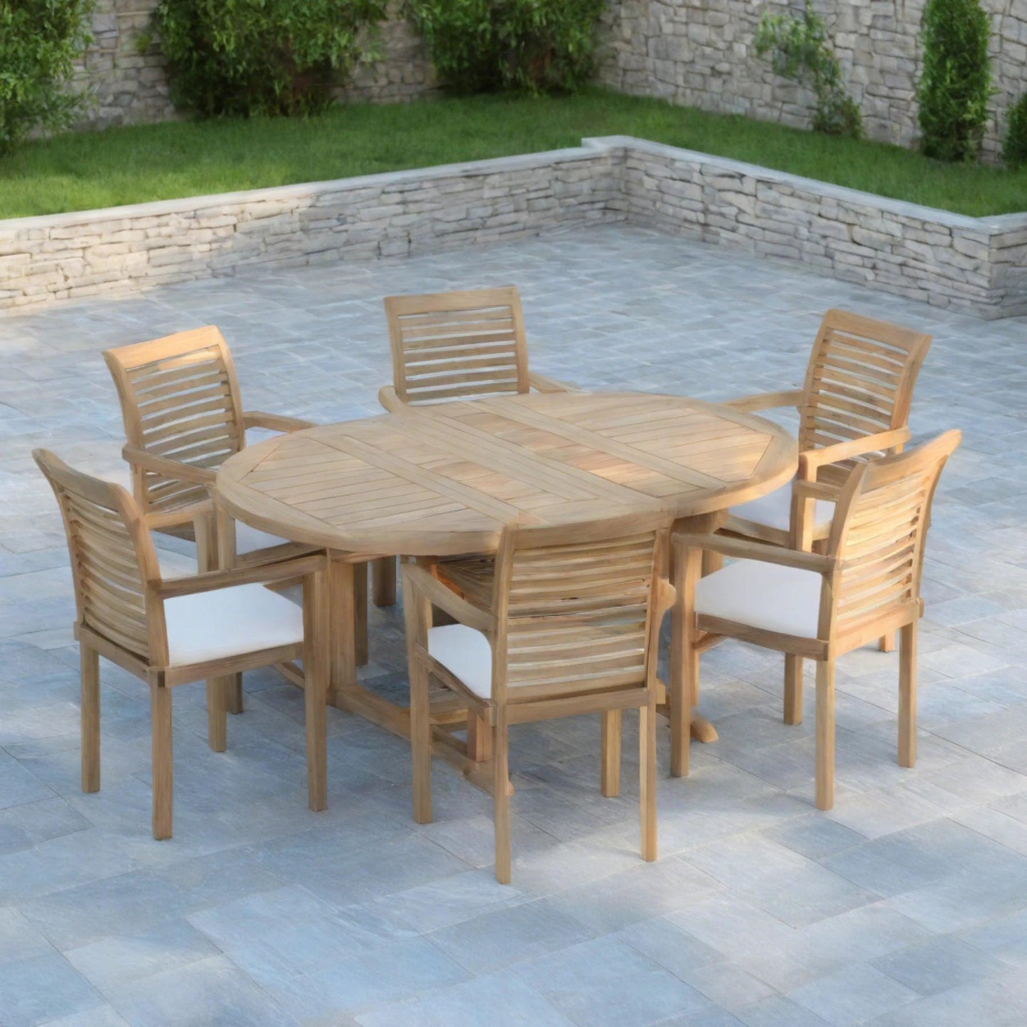 Regency Teak Double-Extended Rount to oval Dining Set 120-170cm with 6 Oxford Chairs and Cushions - plant pots uk