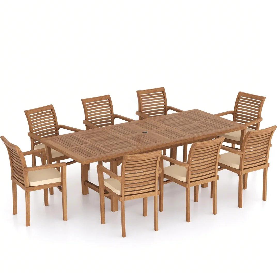 Verona Teak Grand rectangle Extending Dining Set 180-240cm with 8 Oxford Chairs - plant pots uk